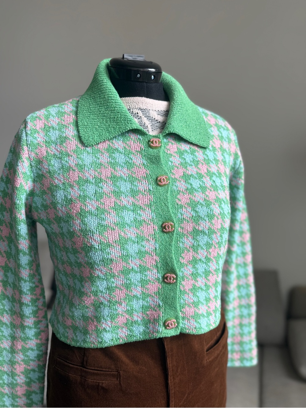 Zara Green and Pink Houndstooth Collared Knit Cardigan